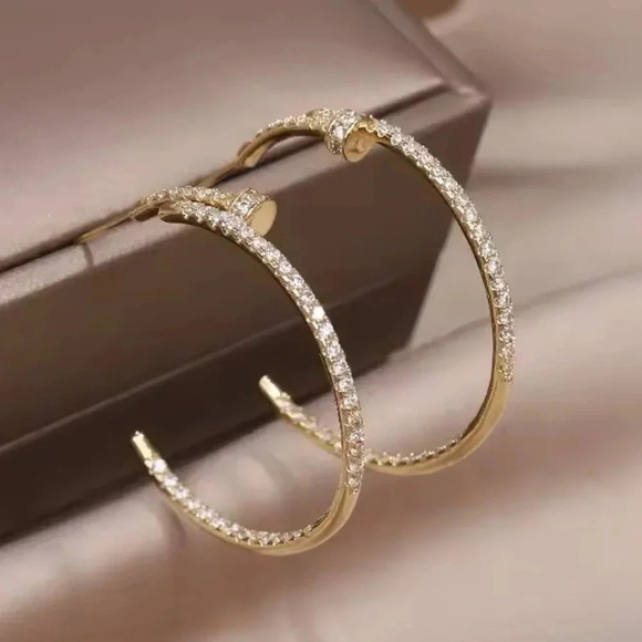 Gold Nail Crystals Hoop Earrings - Picture 3 of 6